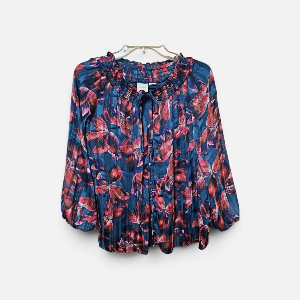 Zac & Rachel Blue Pink Floral Metallic Stripe Smocked Peasant Blouse Top L  0606